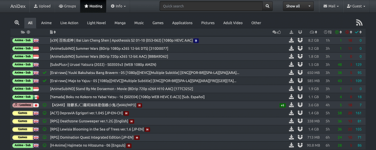 A screenshot of AniDex's homepage
