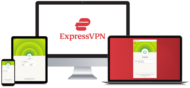 Laptop, Tablet, Smartphone and Desktop PC showing the ExpressVPN Logo and App interfaces