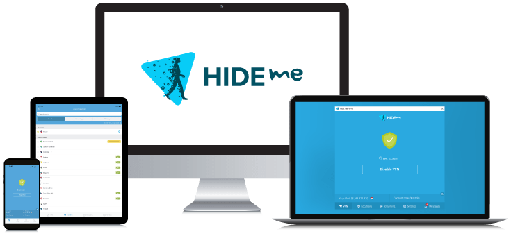 Laptop, Tablet, Smartphone and Desktop PC showing the hide.me VPN Logo and App interfaces