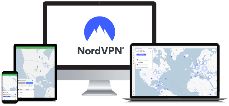 Laptop, Tablet, Smartphone and Desktop PC showing the NordVPN Logo and App interfaces