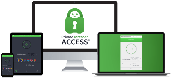 Laptop, Tablet, Smartphone and Desktop PC showing the PIA VPN Logo and App interfaces