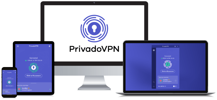 Laptop, Tablet, Smartphone and Desktop PC showing the PrivadoVPN Logo and App interfaces