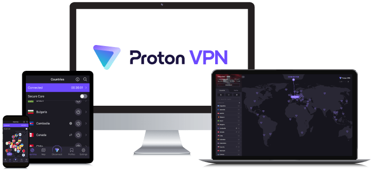 Laptop, Tablet, Smartphone and Desktop PC showing the Proton VPN Logo and App interfaces