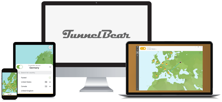 Laptop, Tablet, Smartphone and Desktop PC showing the TunnelBear VPN Logo and App interfaces