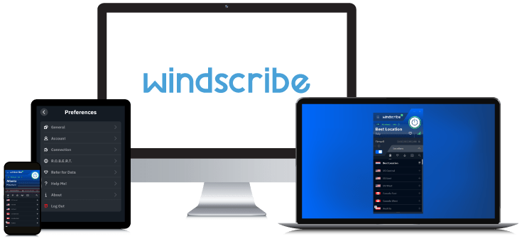Laptop, Tablet, Smartphone and Desktop PC showing the Windscribe VPN Logo and App interfaces