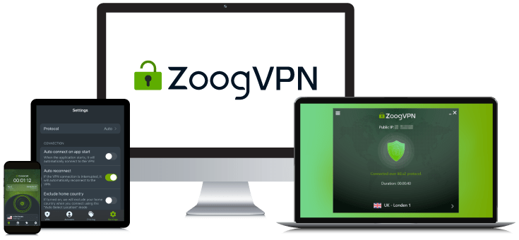 Laptop, Tablet, Smartphone and Desktop PC showing the ZoogVPN Logo and App interfaces