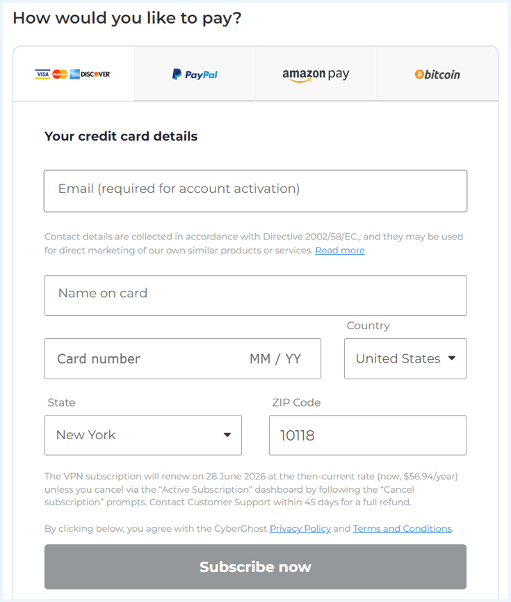 The field to enter your payment details.