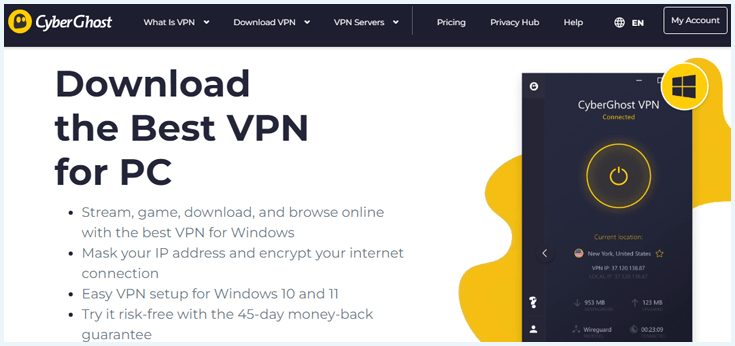 Screenshot of CyberGhost website about VPN for Windows