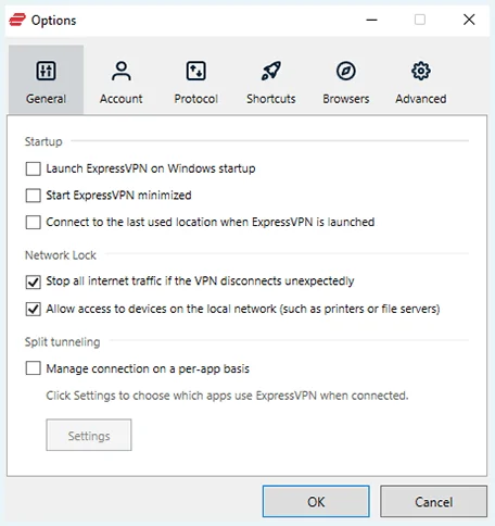 Screenshot of ExpressVPN, General settings window