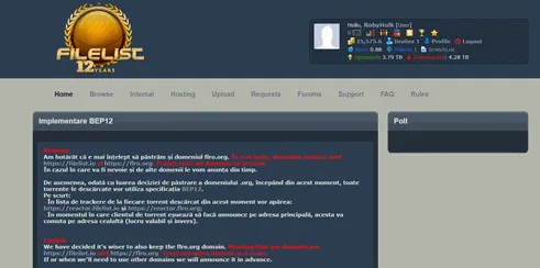 Screenshot of the homepage of FileList