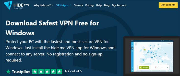 Screenshot of Hide.me website about VPN for Windows