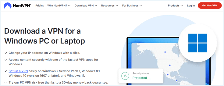 Screenshot of NordVPN website about VPN for Windows