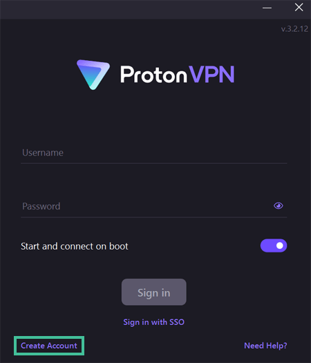 Screenshot login ProtonVPN create account