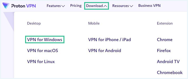 Screenshot ProtonVPN website and download menu