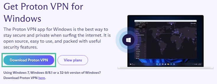 Screenshot website Proton and download button ProtonVPN