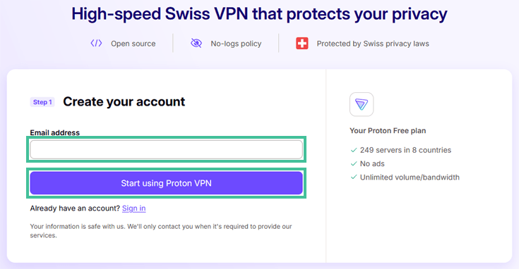 Screenshot create account for ProtonVPN