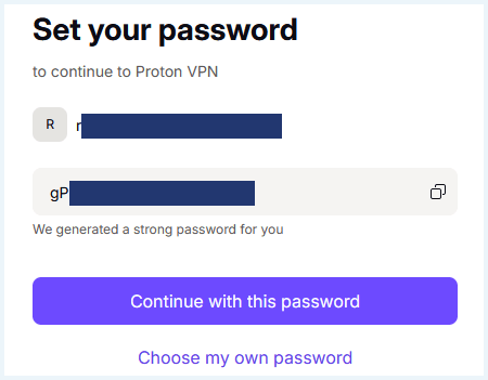Screenshot creating account and set password ProtonVPN