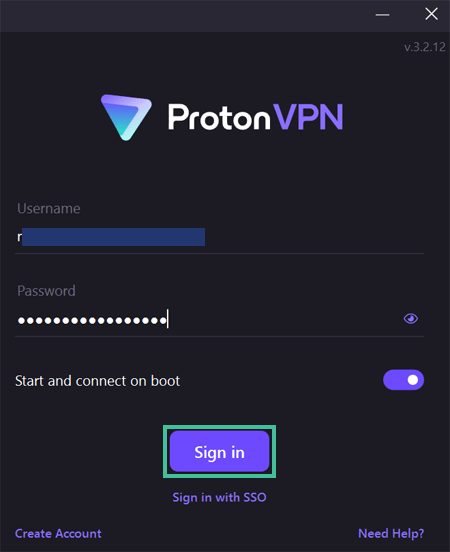 Screenshot login page ProtonVPN