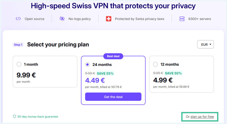 Screenshot ProtonVPN pricing plan and sign up for free option