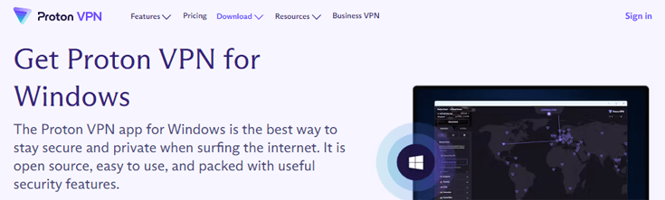 Screenshot of Proton VPN website about VPN for Windows