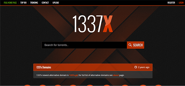 Homepage of the torrent website 1337x