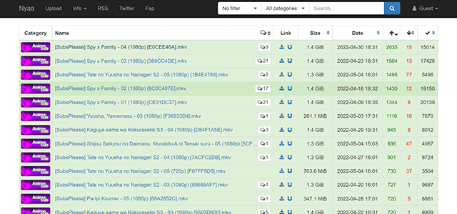 Homepage of the torrent website Nyaa