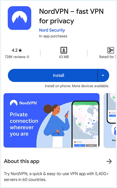 Screenshot of NordVPN on the Google Play Store, September 2023
