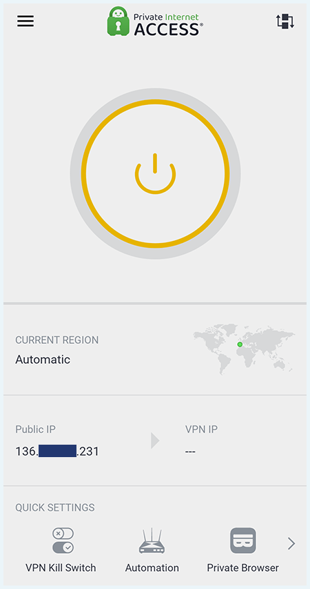 Screenshot of PIA's Android app dashboard