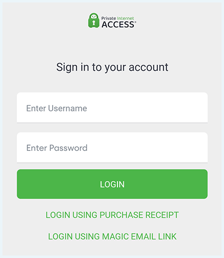 Screenshot of PIA's Android app login screen