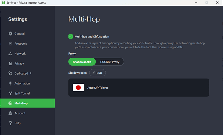 Screenshot of PIA's Multi-Hop option in the settings page of the PIA app