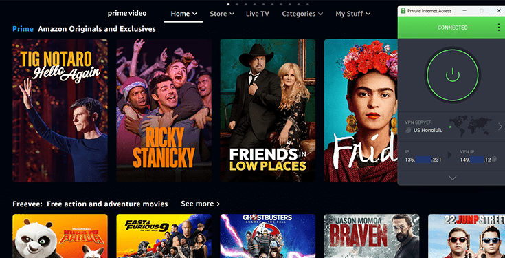 Screenshot of Prime Video website with the PIA window, showing that PIA can unblock Prime Video