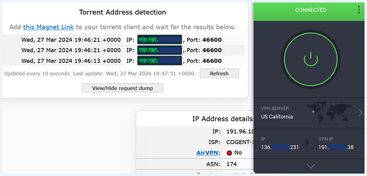 Screenshot of Torrent Address detection on the IPLeak.net website with a window of PIA VPN, showing that PIA doesn't leak our IP address