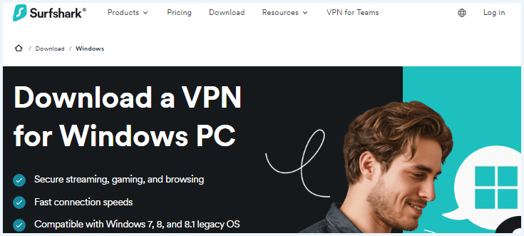 Screenshot of Surfshark's website about VPN for Windows