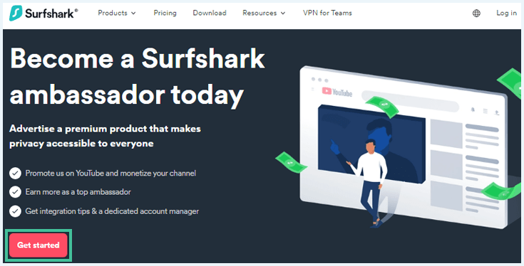 Screenshot of Surfshark's website with information on how to becoma a Surfshark ambassador
