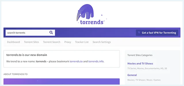 Screenshot of the homepage of Torrends