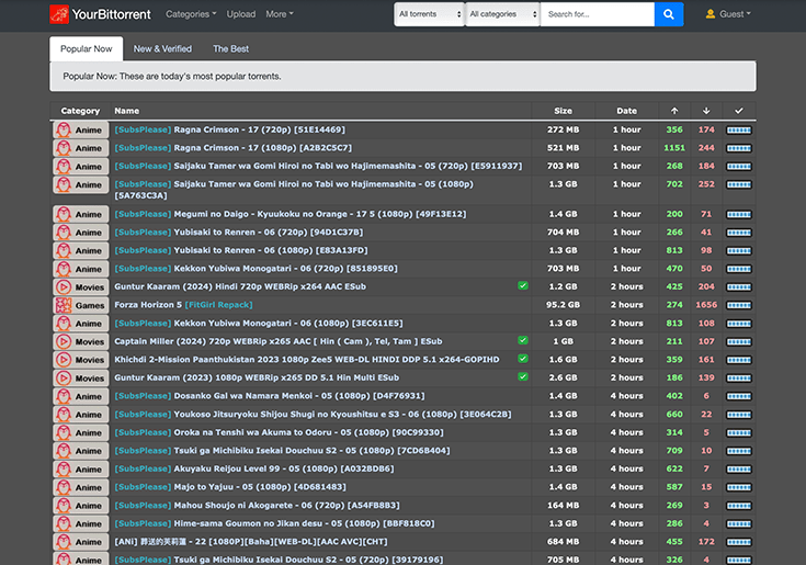 A screenshot of the homepage of YourBittorrent